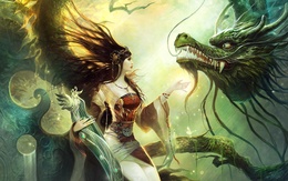 3d обои Девушка с арфой и ее ручной дракон  драконы