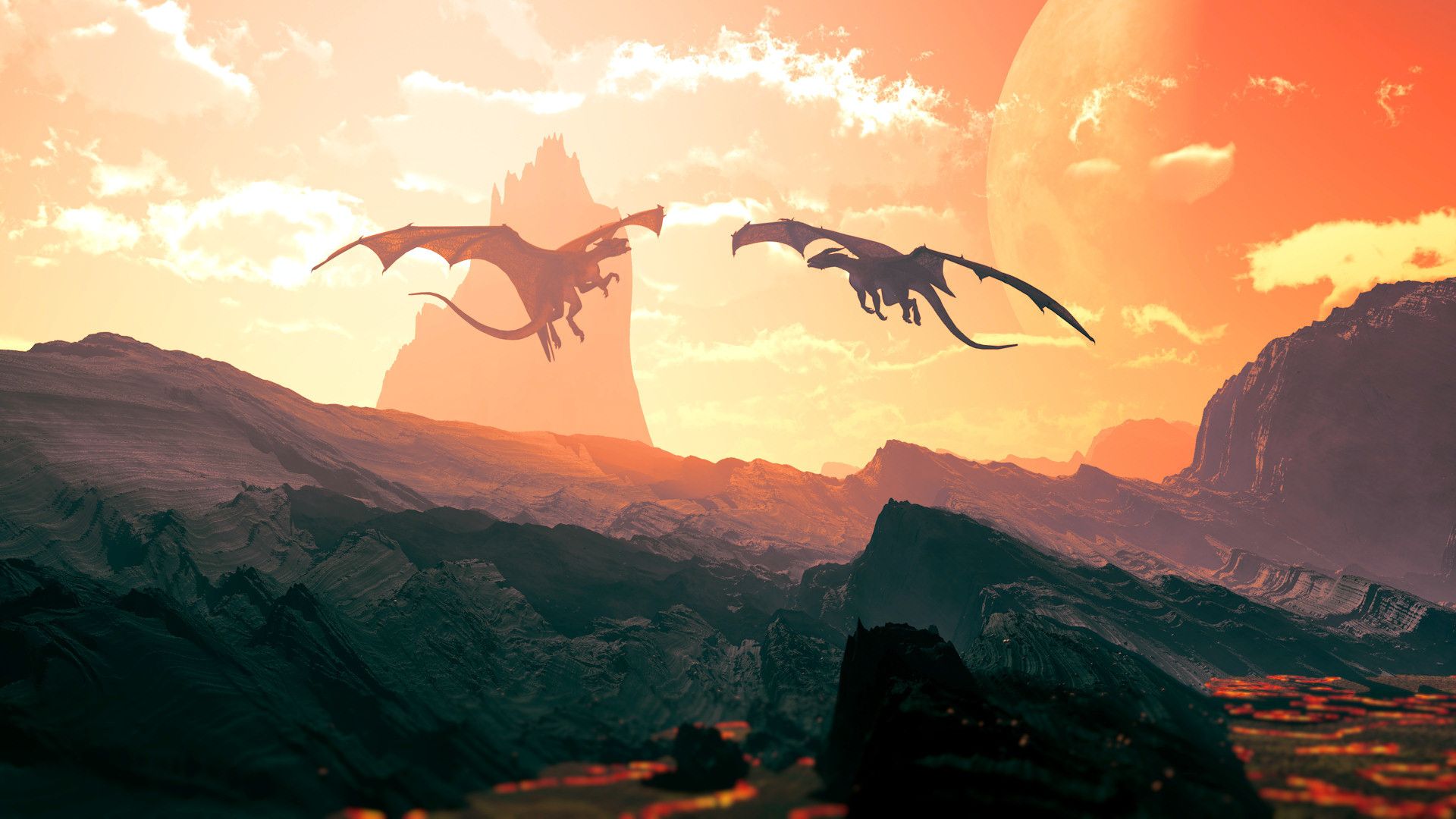 3d обои Два дракона встретились в небе  драконы # 35921