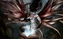 3d обои Темный маг колдует над книгой заклинаний  монстры