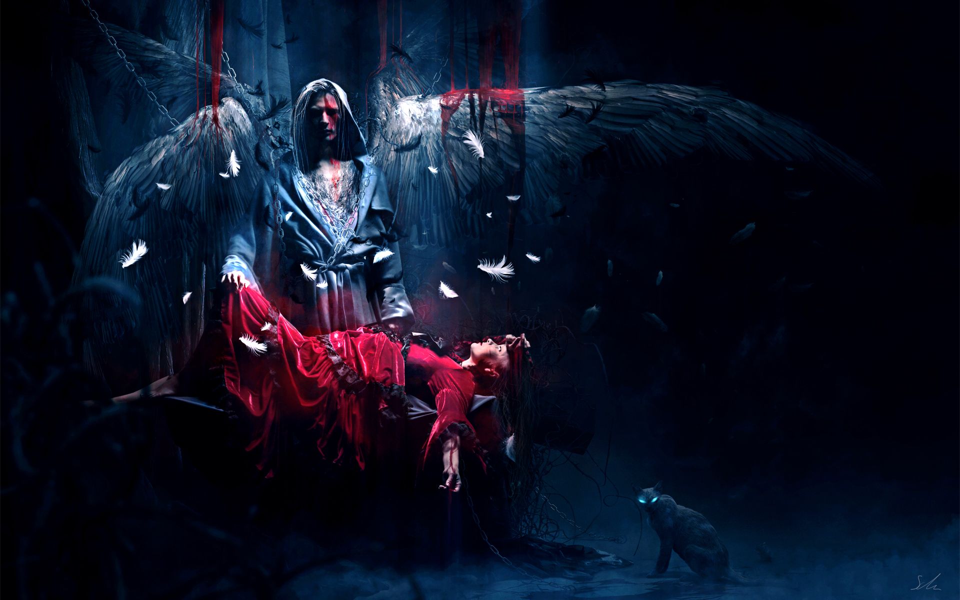 3d обои Темный ангел над умирающей прикованной девушкой  кровь # 48915