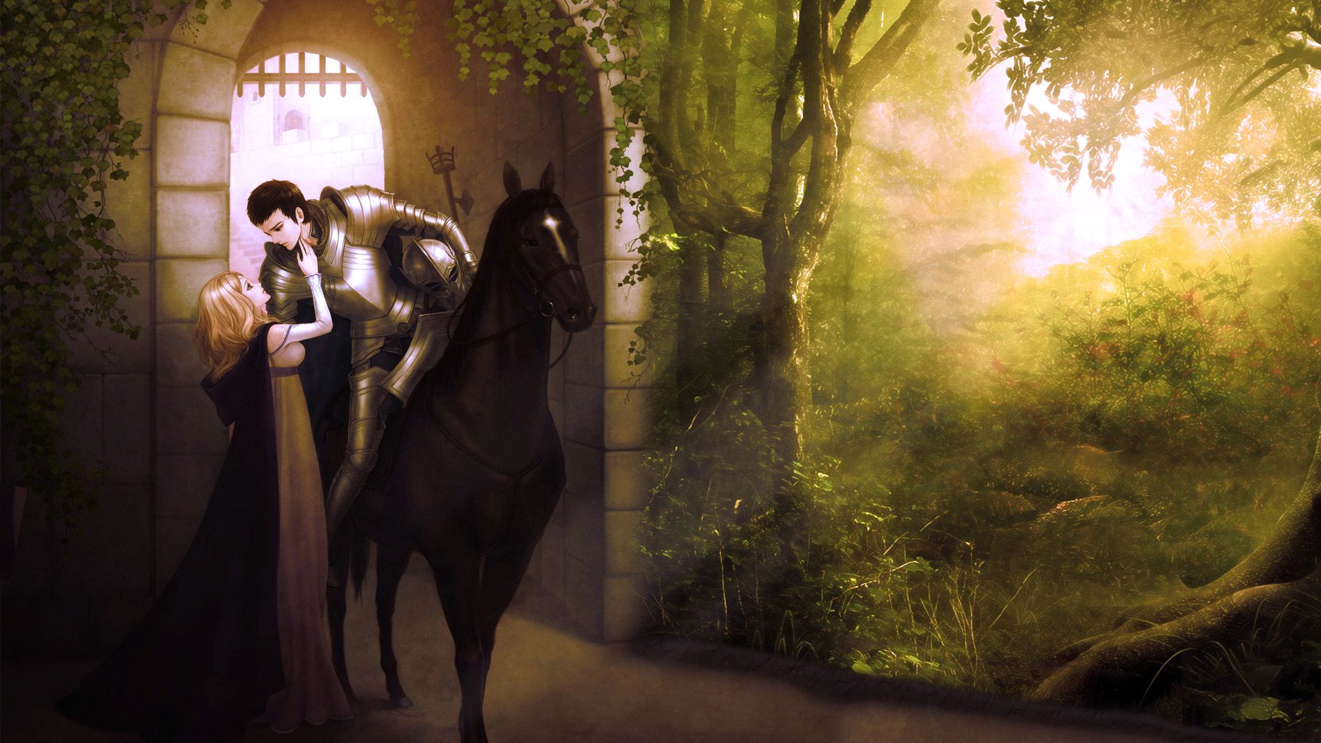 3d обои Девушка провожает своего возлюбленного - храброго рыцаря на войну  лошади # 51253