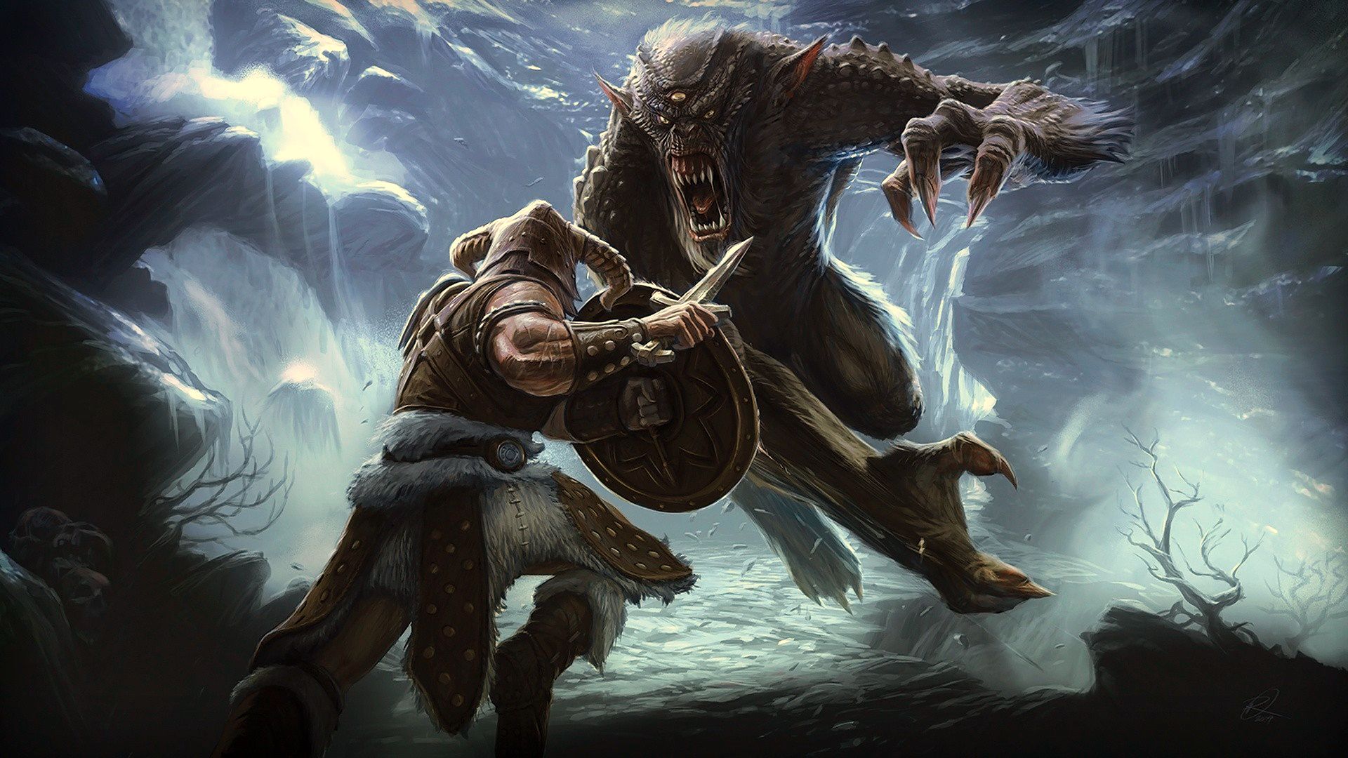 3d обои Сражение викинга со страшным зверем  горы # 25253
