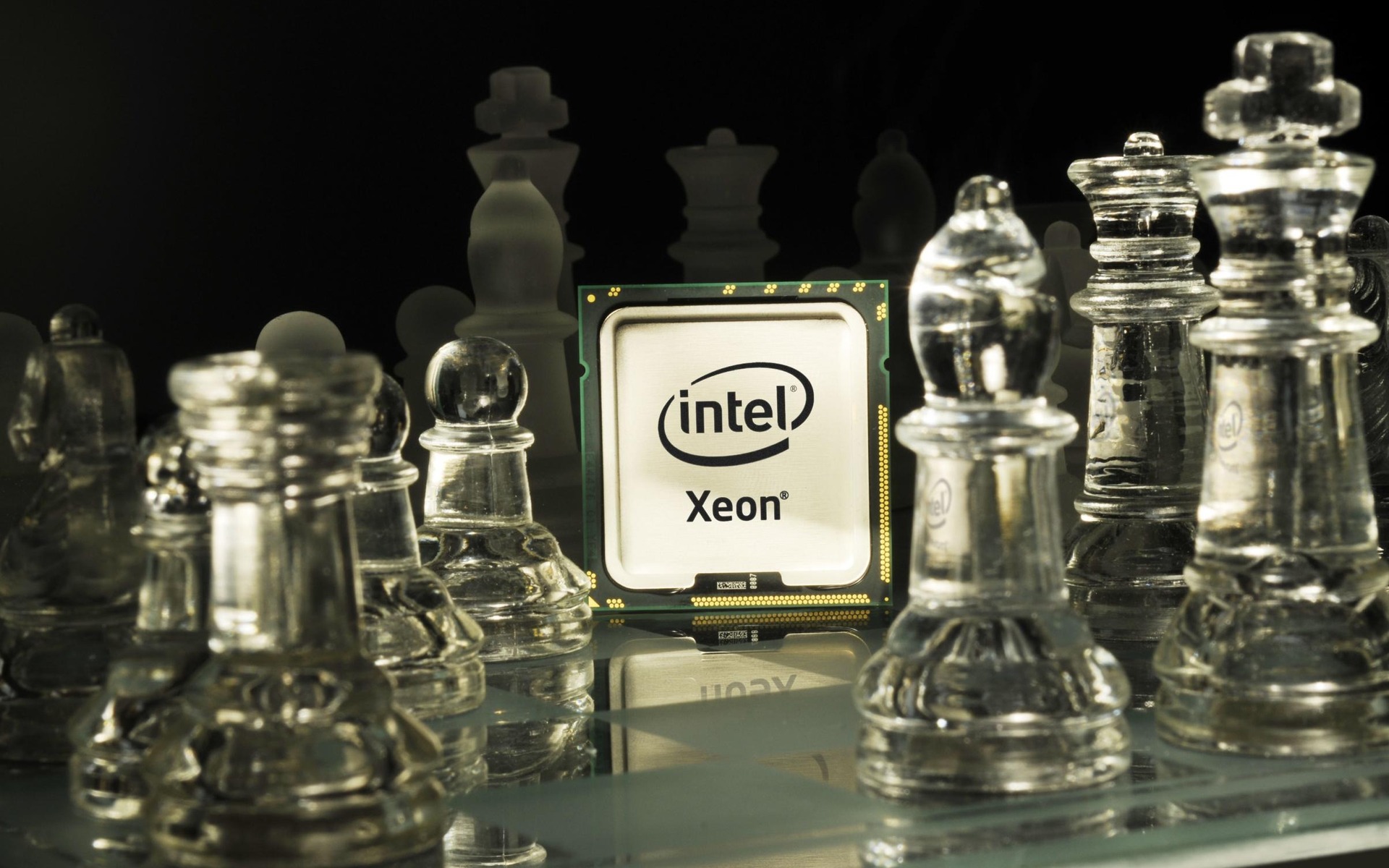 3d обои Процессор Intel Xeon окруженный прозрачными шахматными фигурами  техника # 82939