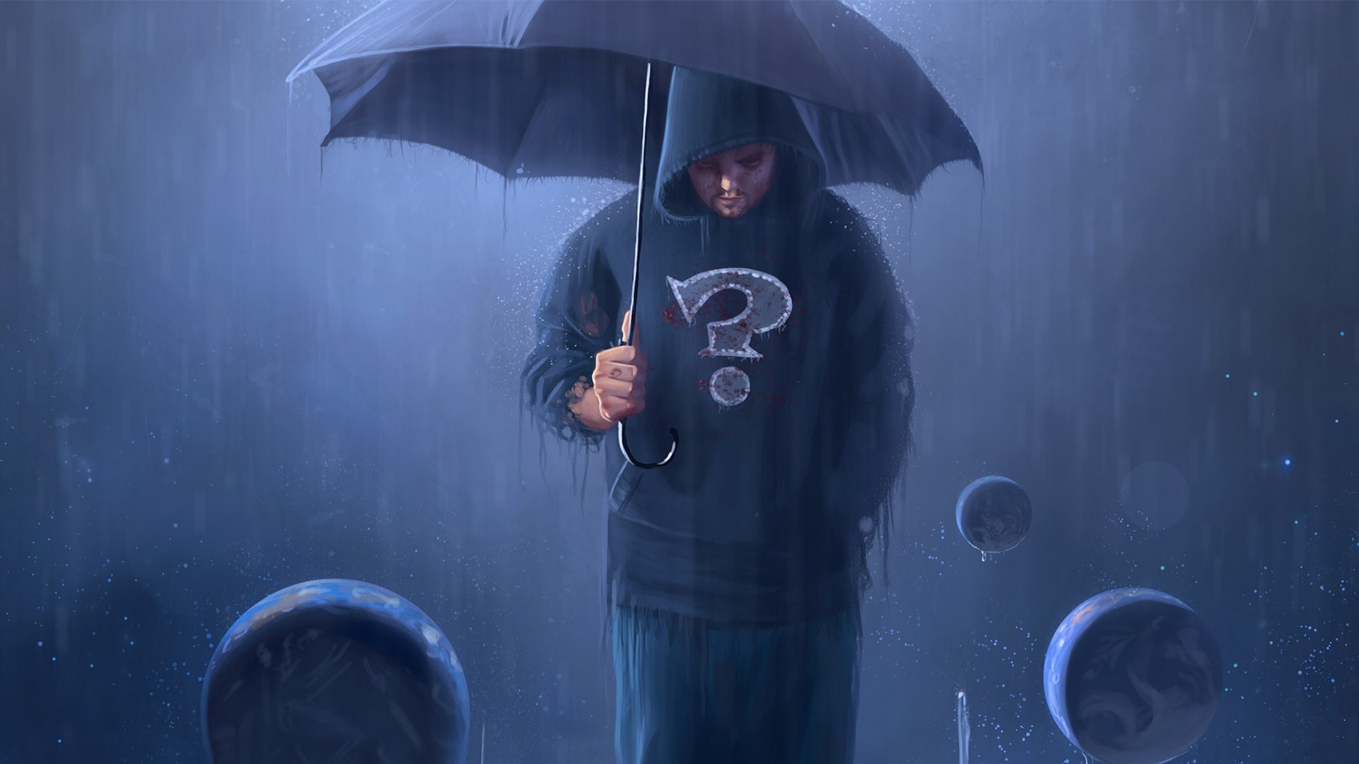 3d обои Парень в футболке со знаком вопроса и зонтом под дождем, вокруг него летают планеты  дождь # 34489