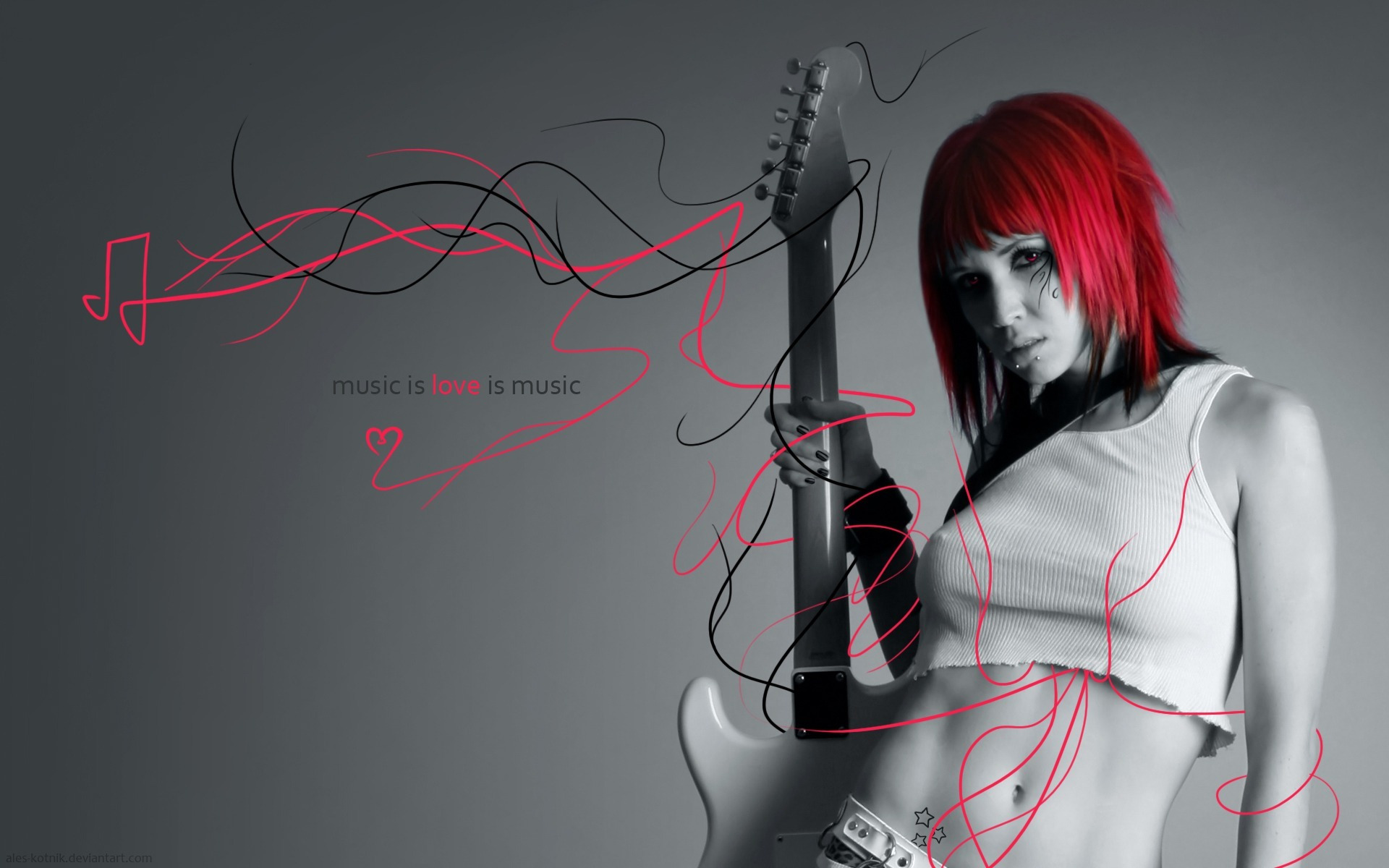 3d обои Красивая девушка с красными волосами и электрогитарой (Music is love is music)  ретушь # 76440
