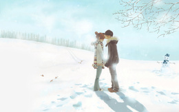 3d обои Парень целует любимую девушку в лоб  зима