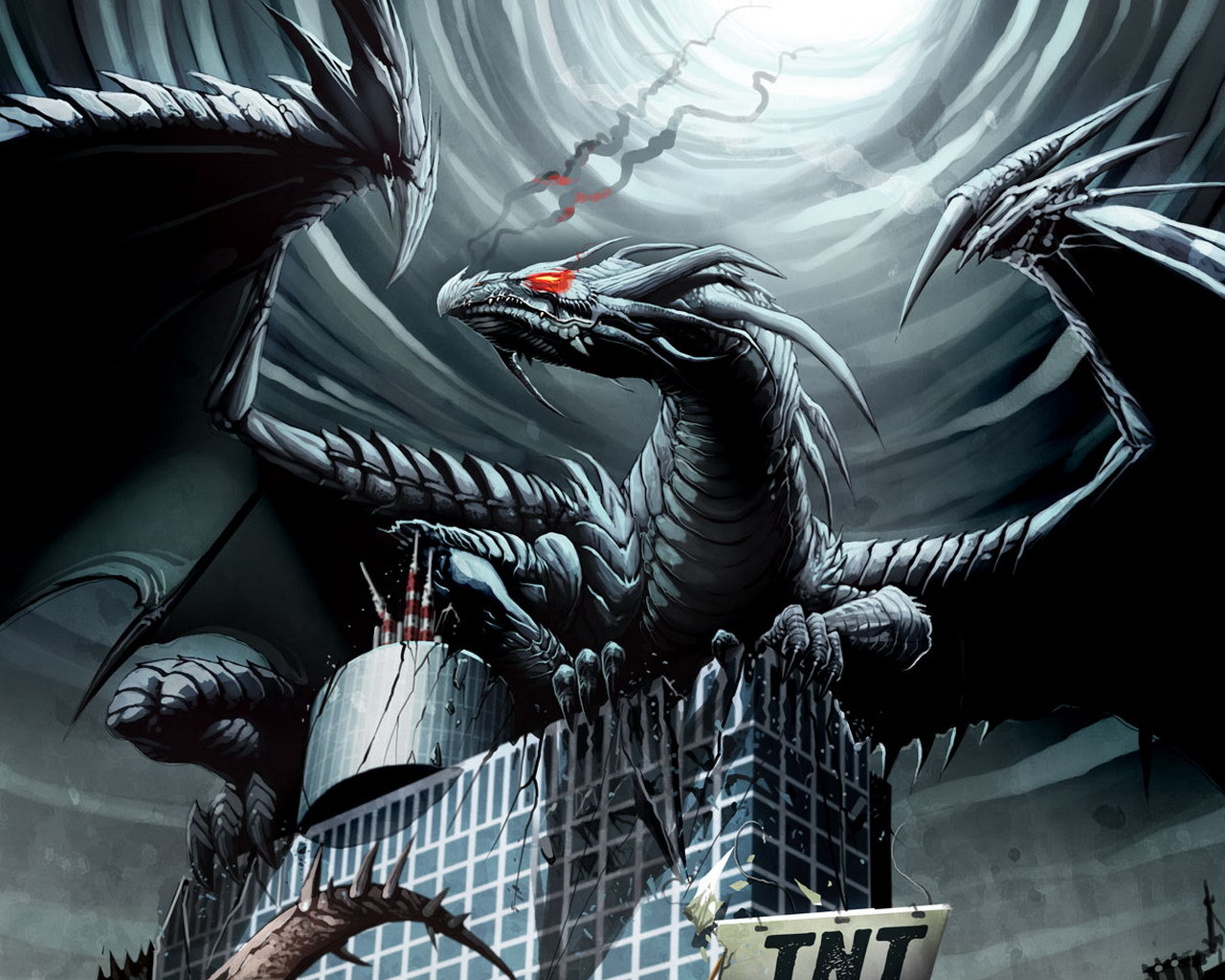 3d обои Дракон с красными глазами расправил крылья сидя на крыше небоскреба (TNT)  фэнтези # 85106