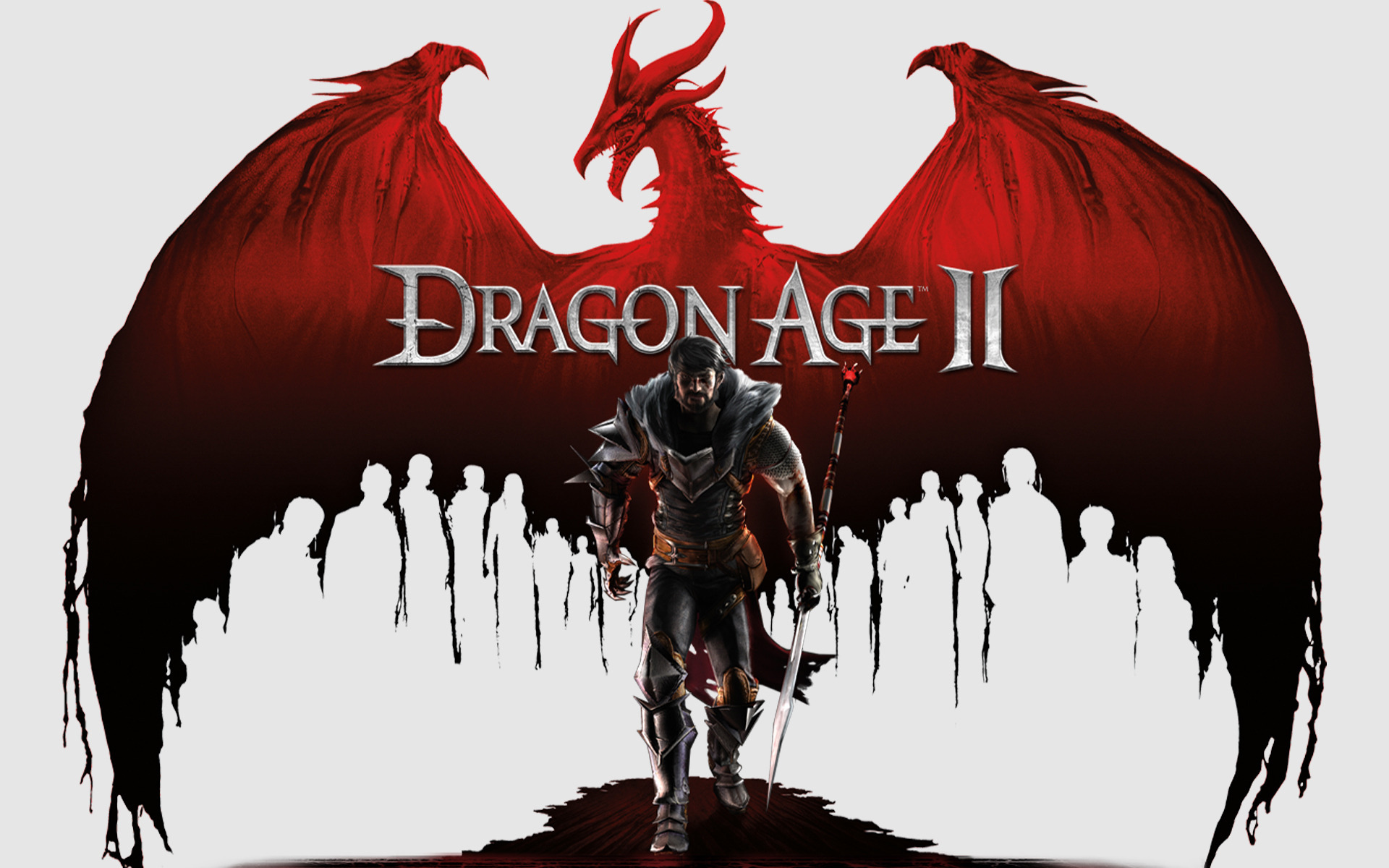 3d обои Мужчина с посохом идет на фоне расправившего крылья дракона (Dragon Age II)  игры # 41672