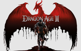 3d обои Мужчина с посохом идет на фоне расправившего крылья дракона (Dragon Age II)  фэнтези