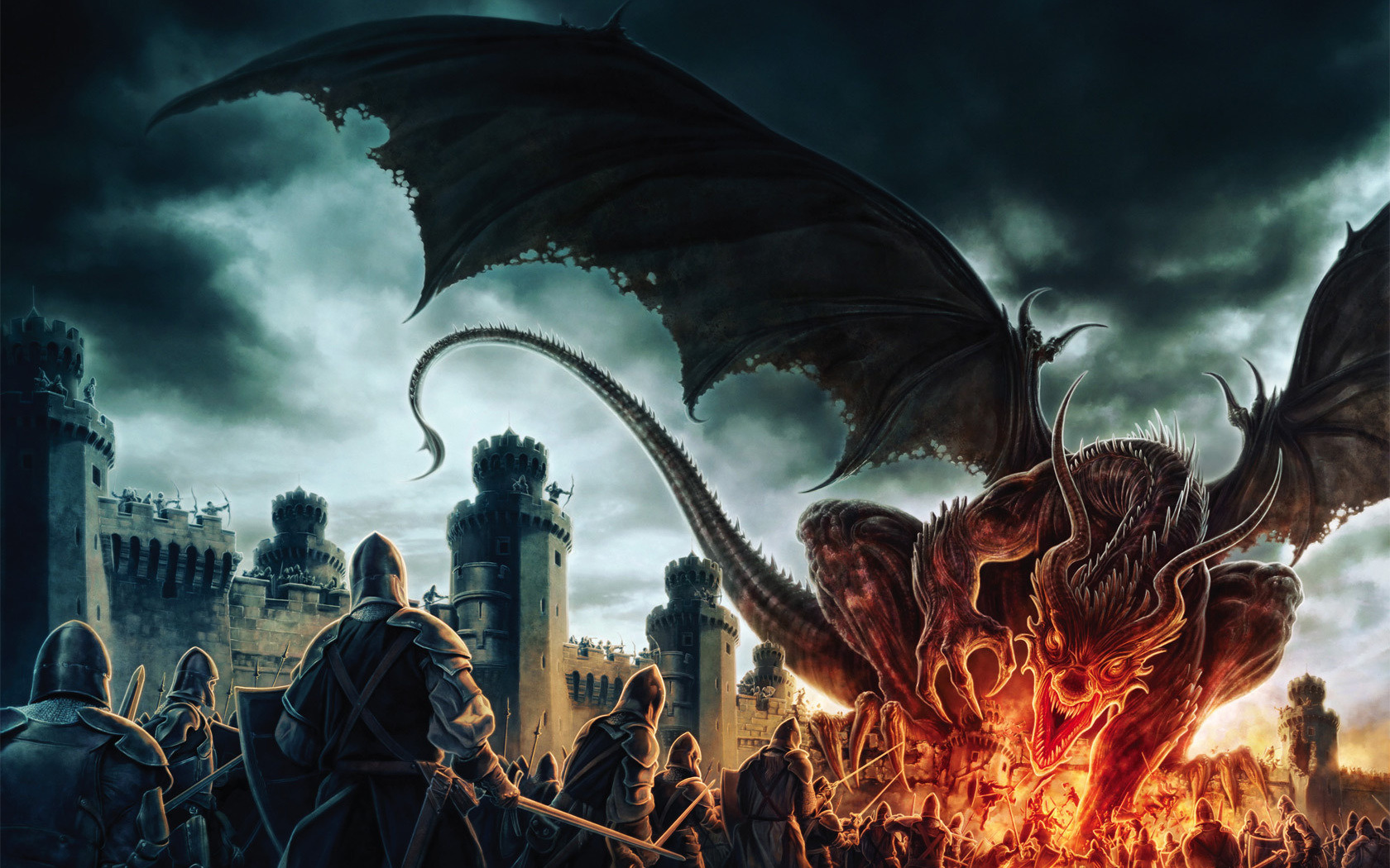 3d обои Дракон сжигает средневековых рыцарей у ворот замка  драконы # 35903