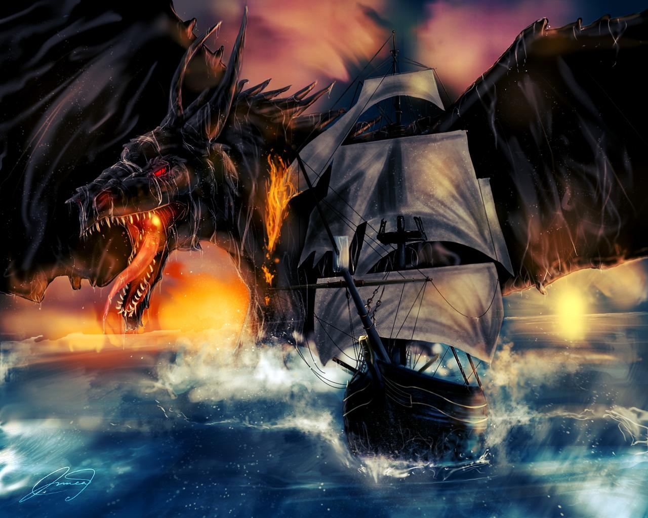 3d обои Дракон выплывший из воды напал на корабль  драконы # 35878
