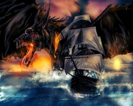 3d обои Дракон выплывший из воды напал на корабль  драконы