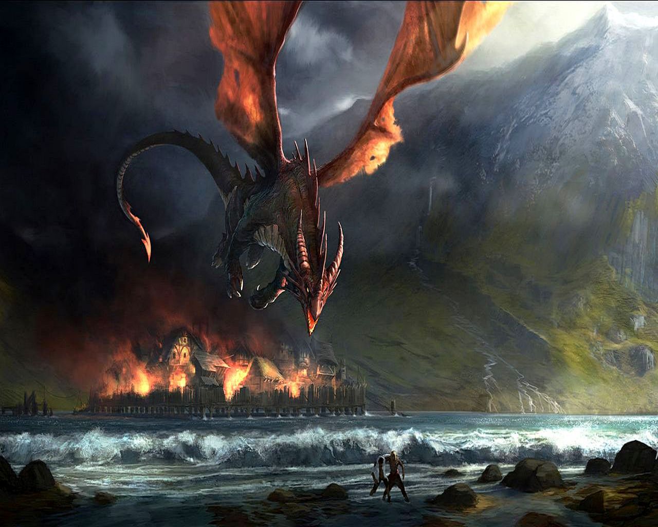 3d обои Нападение дракона на людей  драконы # 35876