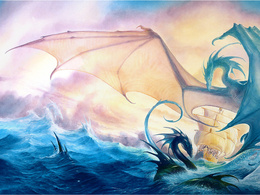 3d обои Морские драконы возле корабля  1400х1050