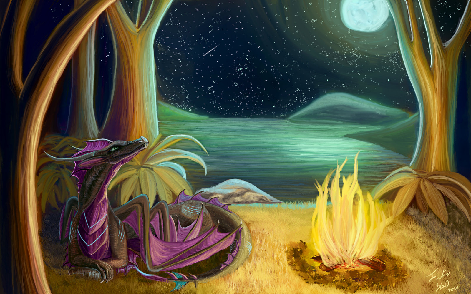 3d обои Фиолетовый дракон греется у огня  огонь # 68080