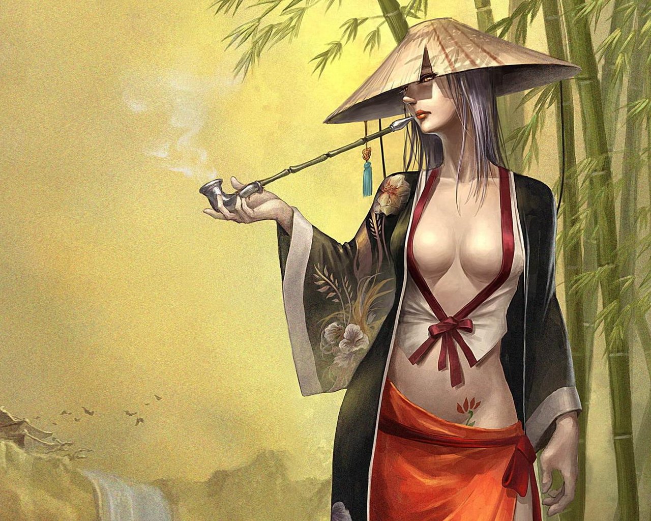 3d обои Девушка в японском костюме с курительной трубкой из бамбука  тату # 82470
