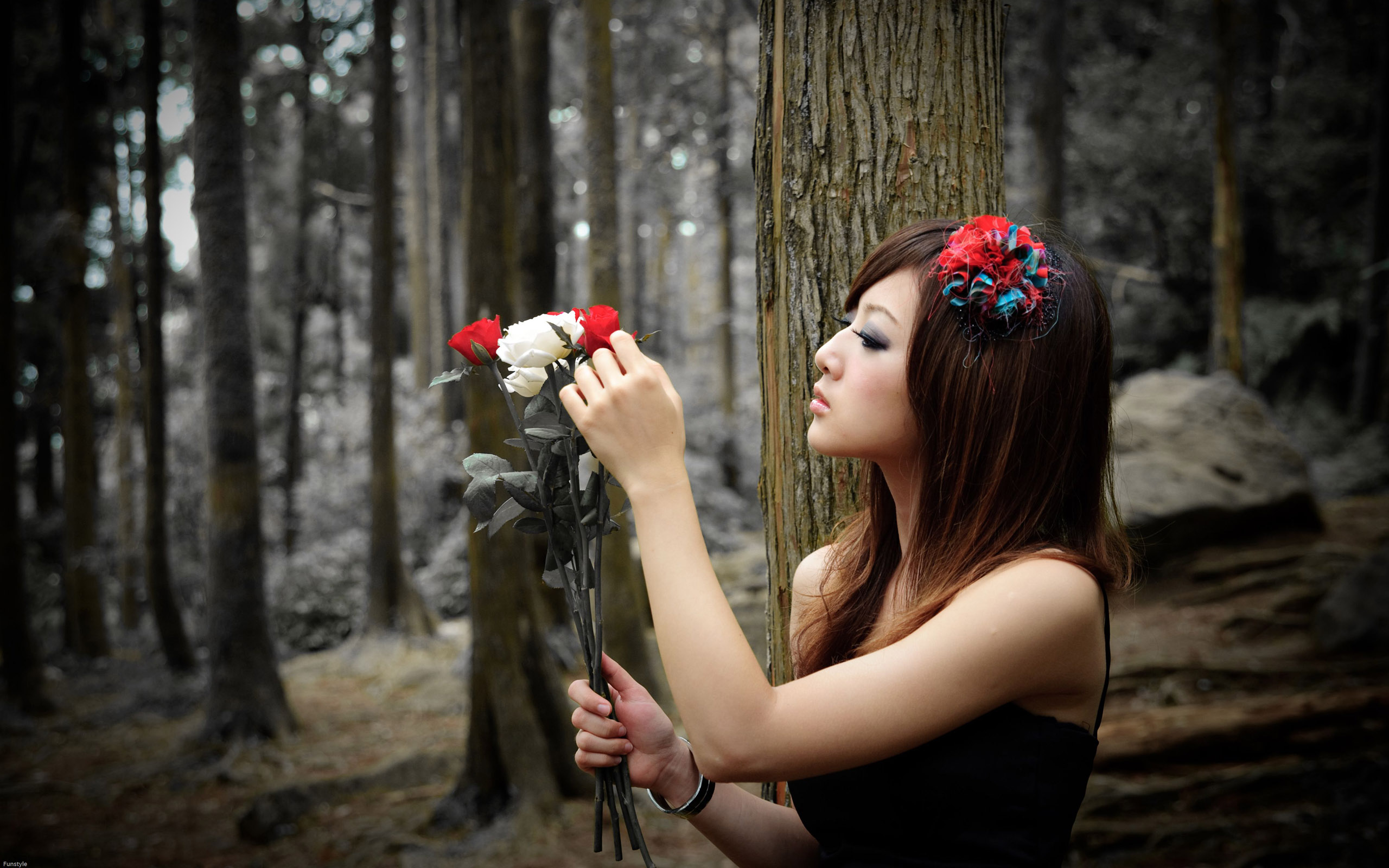 3d обои Девушка в лесу с розами  лес # 49433