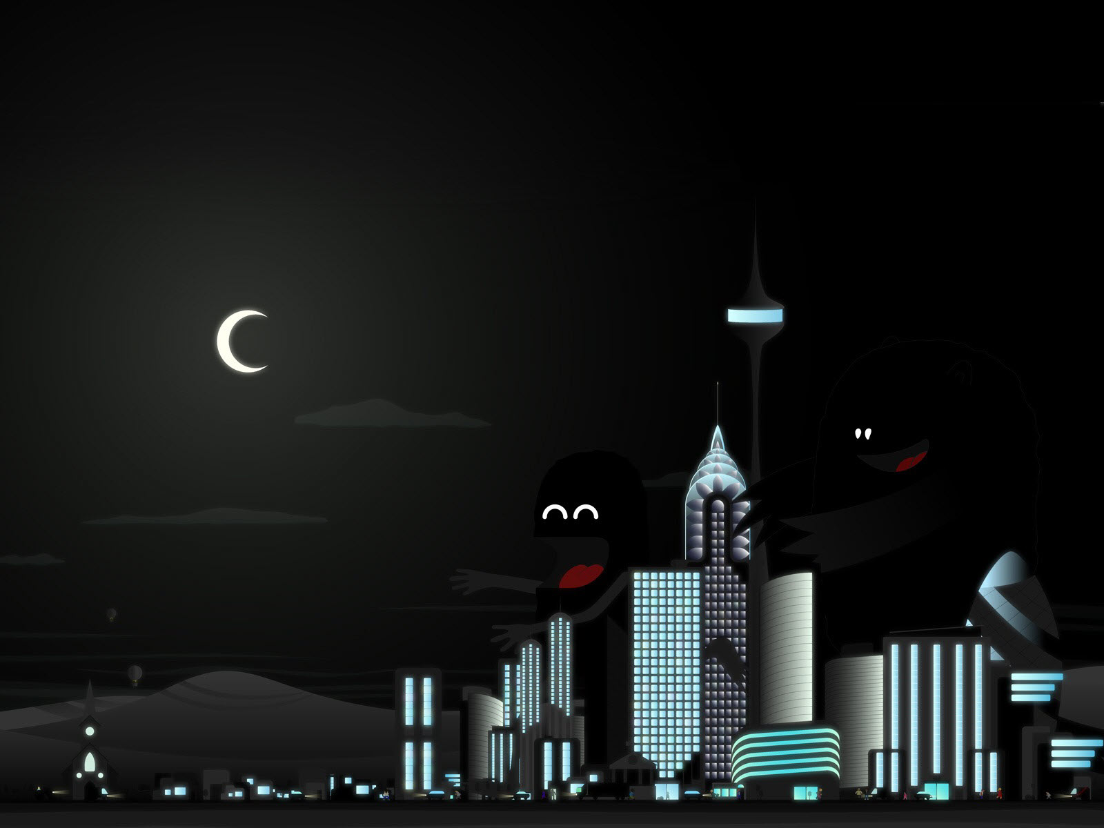 3d обои Черные радостные монстрики гуляют по ночному городу  луна # 51470