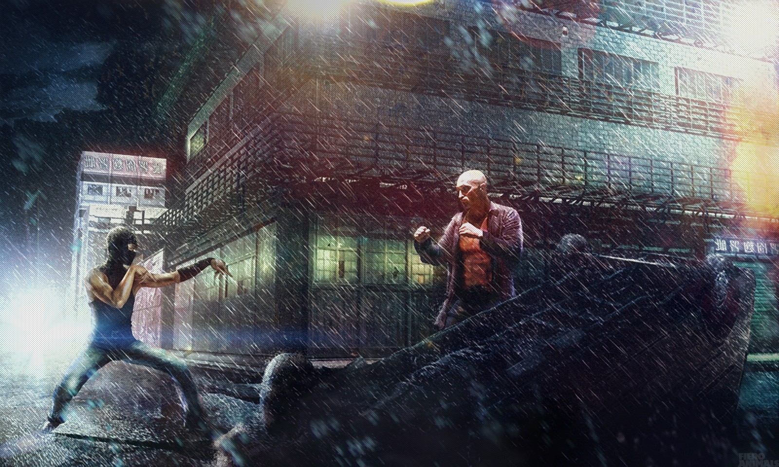 3d обои Гоша Куценко сражается с ниндзя под проливным дождем (Fiero Animals)  милитари # 53650