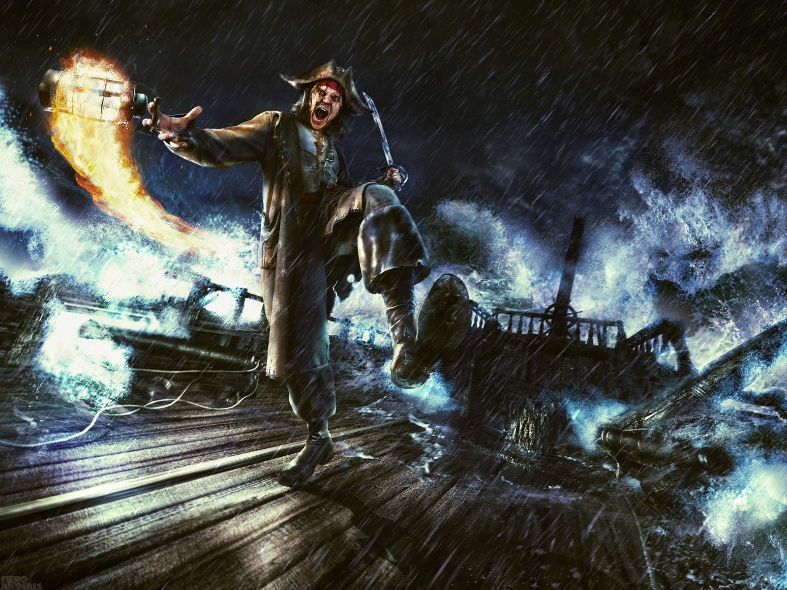 3d обои Обезумевший пират в сильный шторм с фонарем (Fiero Animals)  ночь # 67514