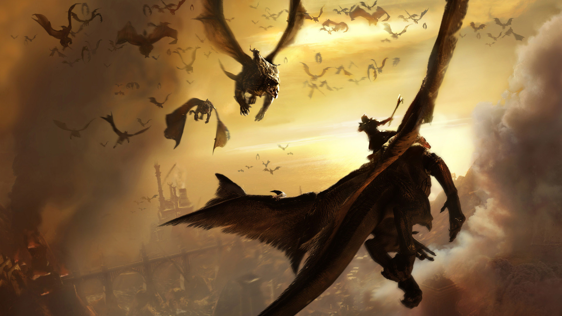 3d обои Схватка народов летающих на драконах  фэнтези # 85045