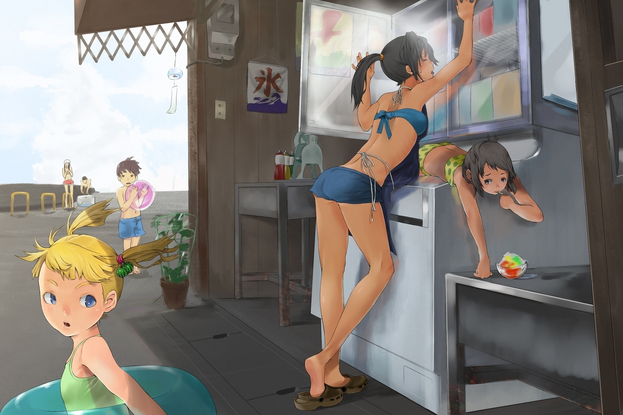 3d обои Девушке и детям очень жарко летом у автомата с мороженым  лето # 50499