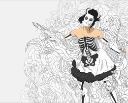 3d обои Девушка в необычном платье с рисунком скелета и с автоматом  милитари