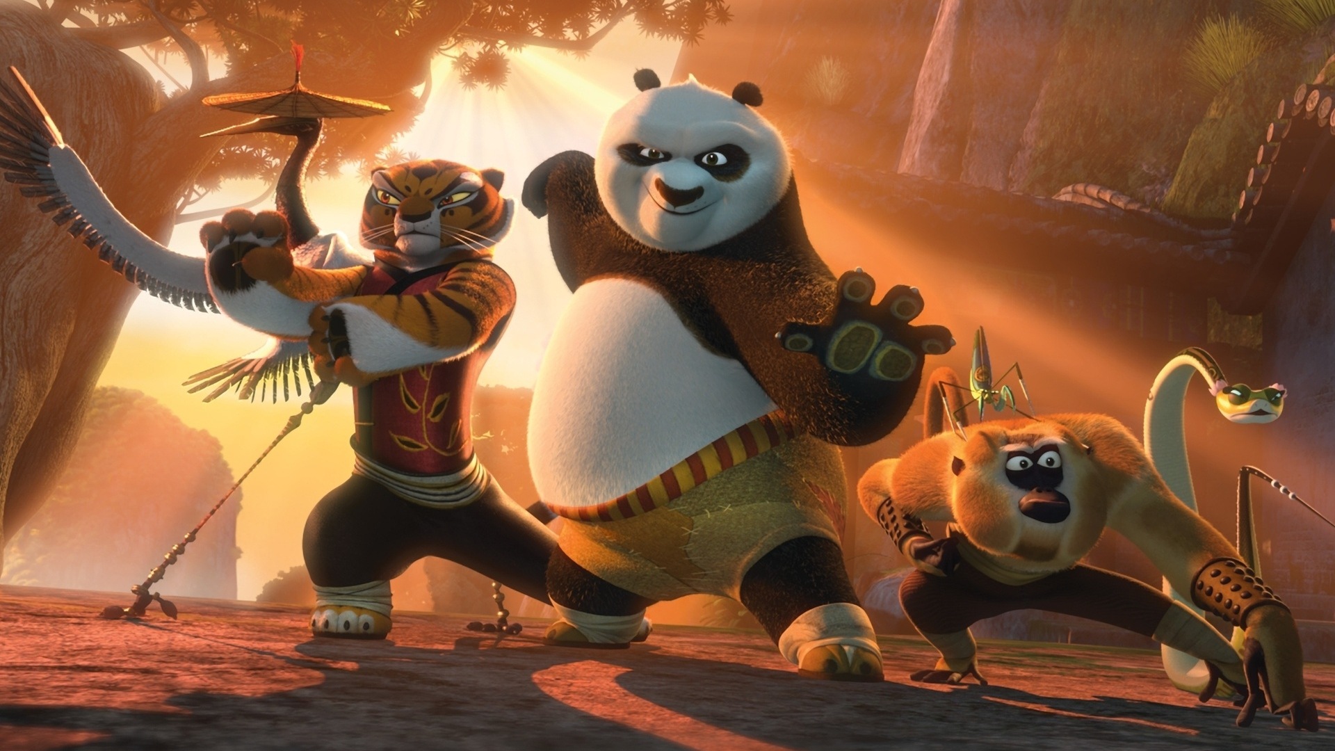 3d обои Персонажи мультфильма «Кунг-фу панда 2» / «Kung fu panda 2»: неистовая пятёрка, журавль, тигрица, обезьяна, богомол, змея на закате  мультики # 59537