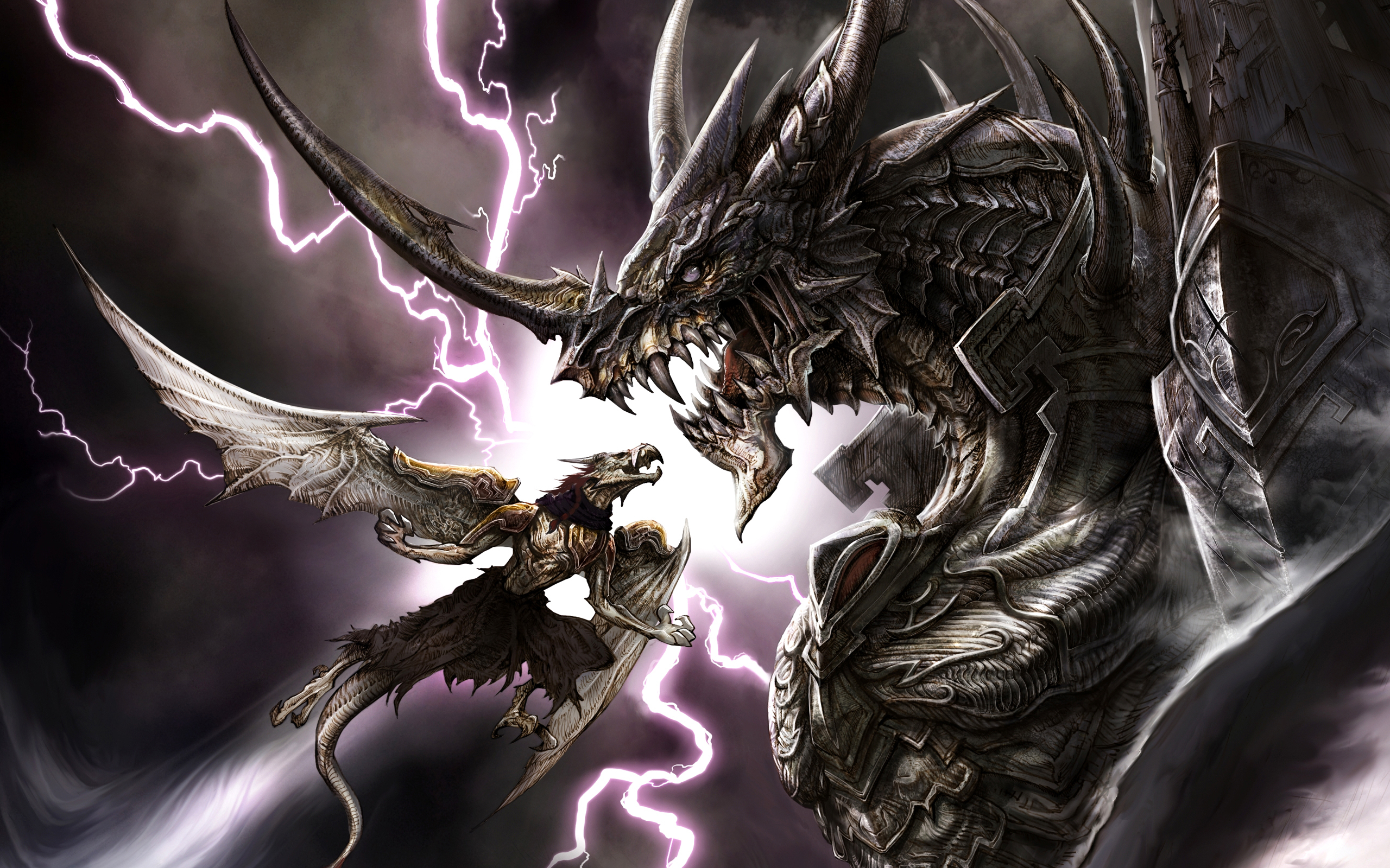 3d обои Грифон сражается с драконом на фоне неба с молниями  драконы # 35826