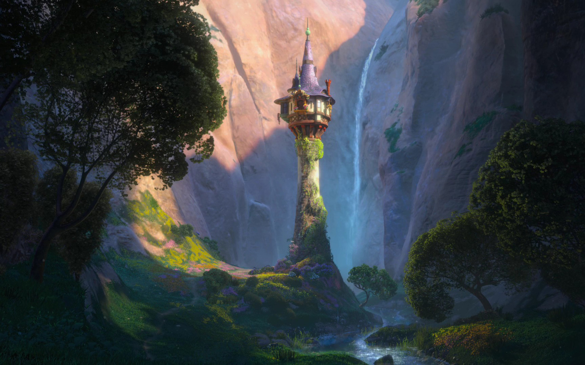 3d обои В прекрасной долине башня, в которой заточена прекрастная Рапунцель из мультвильма Рапунцель  горы # 25220