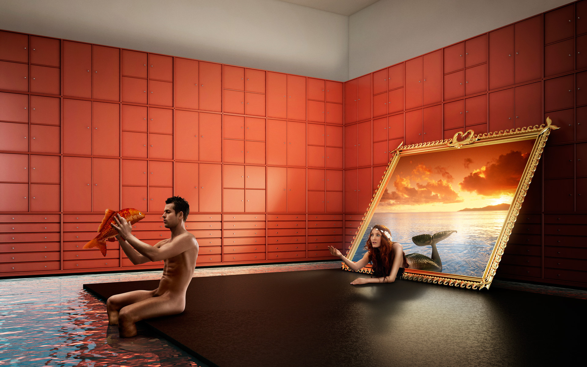 3d обои Русалка вылезающая из картины о чем то просит голого мужчину сидящего с красной рыбой в руках  сюрреализм # 82215