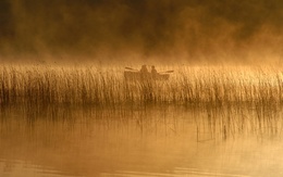 3d обои Лодка по среди реки в плотном тумане  вода