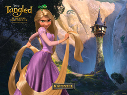 3d обои Рапунцель со своим ручным хамелионом на фоне башни из мультфильма Рапунцель (Tangled in theaters november 24, disney)  вода