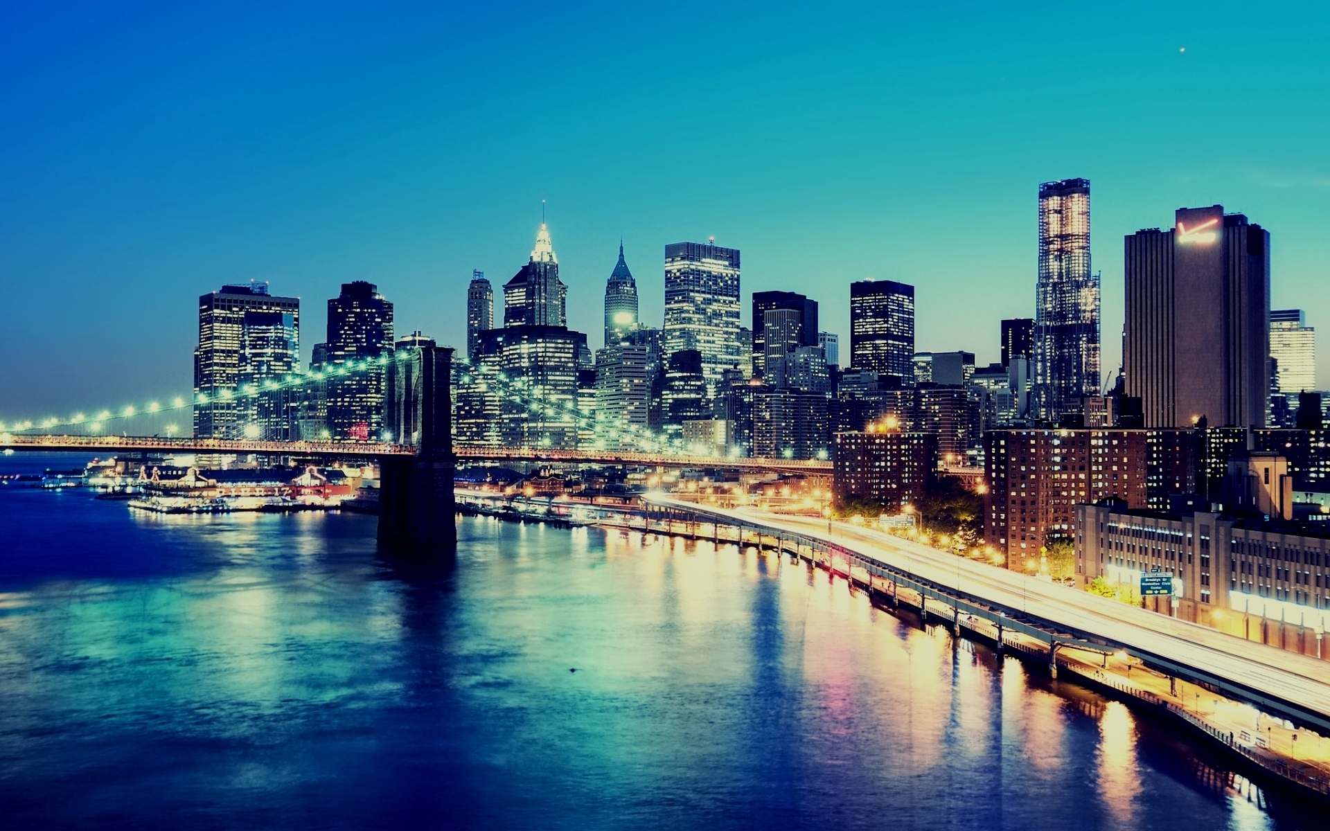 3d обои Вид на Нью-Йорк / New York City и манхэттанский мост / manhattan bridge  ночь # 67502