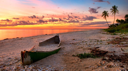 3d обои Лодка засыпанная песком на берегу моря и две пальмы на закате  море