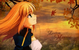 3d обои Девушка осенью на закате стоит под деревом и смотрит в небо (Listen to your Heart)  листья