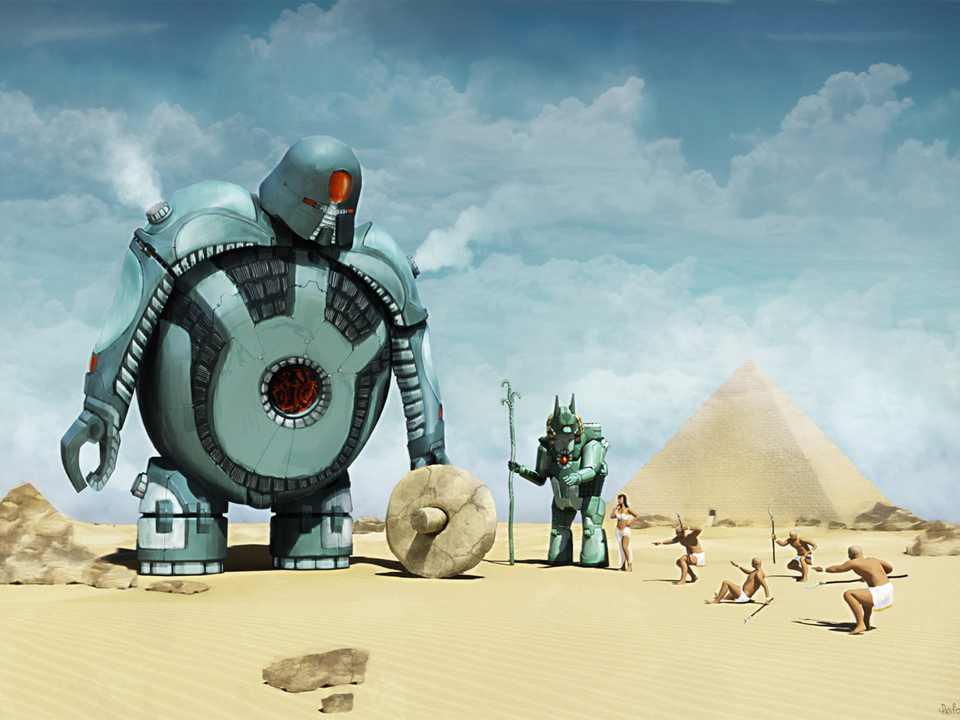3d обои Роботы пришельцы дарят египтянам колесо  роботы # 79054