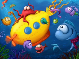 3d обои разноцветные осьминоги и рыбы вокруг желтой подводной лодки  подводные