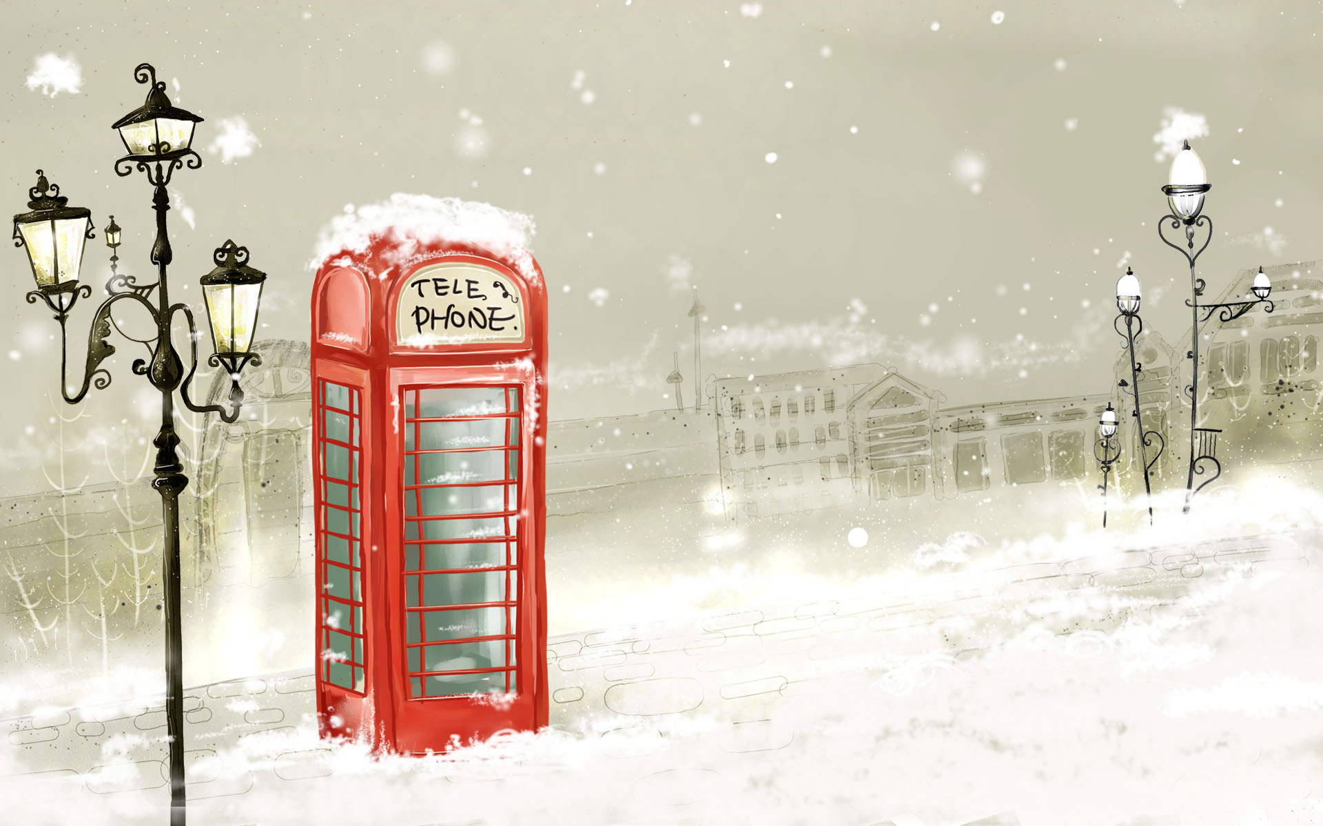 3d обои Телефонная будка и фонарные столбы в городе зимой (Tele Phone)  снег # 80561
