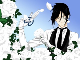 3d обои Себастьян и белые розы (Аниме Тёмный дворецкий)  цветы