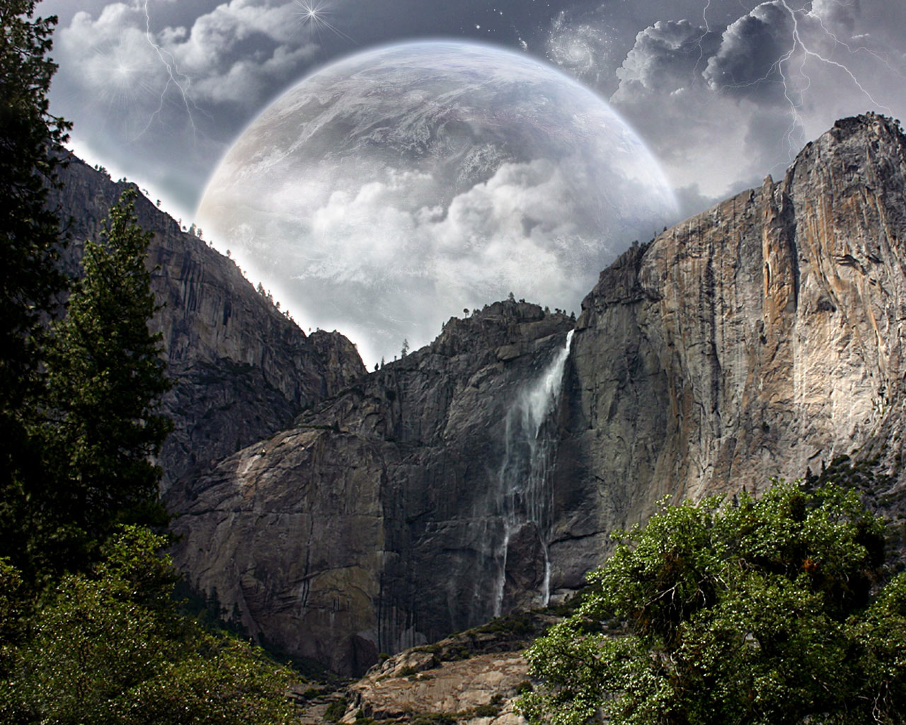 3d обои Пейзаж. Небольшой водопад на фоне планет  горы # 25251