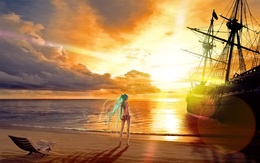 3d обои Вокалоид Мику Хатсуне смотрит на севший на мель корабль  солнце