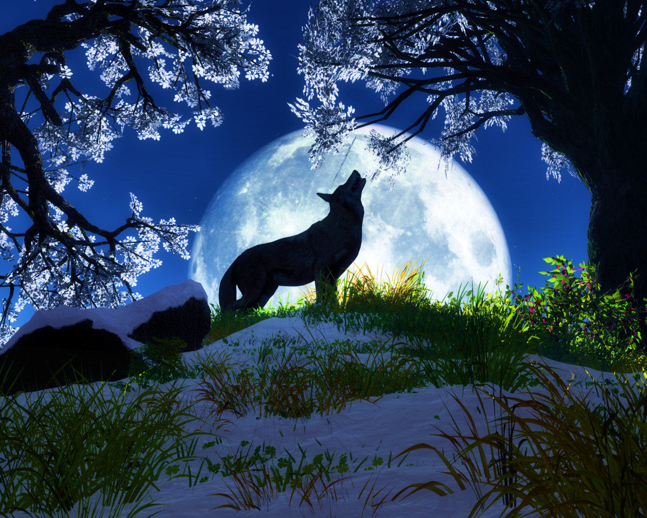 3d обои Волк воет на полную луну  ночь # 67527