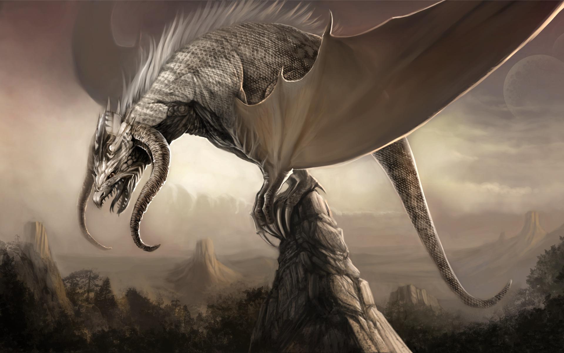 3d обои Огромный дракон на скале  фэнтези # 85115