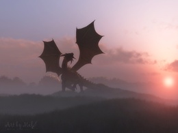 3d обои Могучий дракон в тени заката  драконы