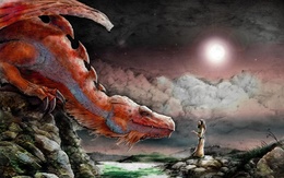 3d обои Девушка повстречала красного дракона  драконы