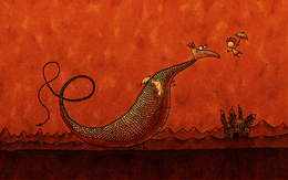 3d обои Карикатурно нарисованный красный дракон  смотрит на девочку которая пред его носом летает на зонтике  драконы