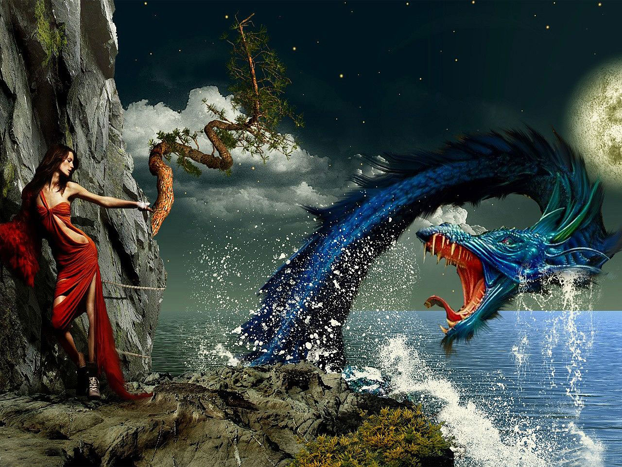 3d обои Морской дракон нападает на девушку  ночь # 67517