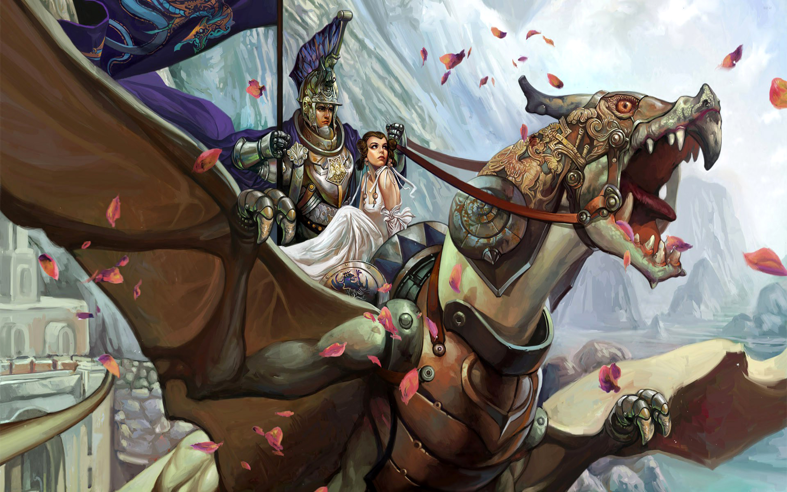 3d обои Воин с девушкой верхом на драконе  драконы # 35861