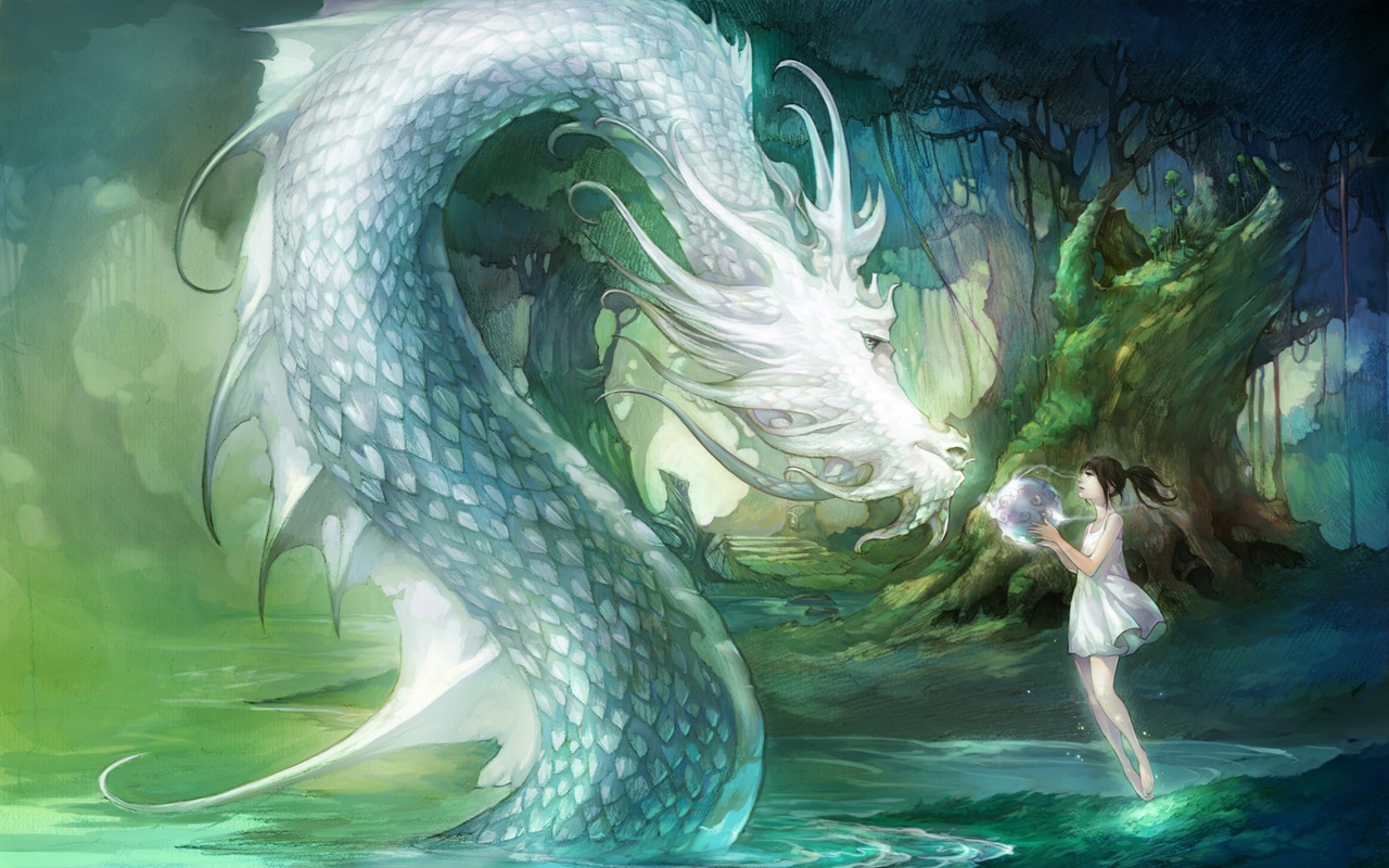 3d обои Девушка протягивает светящийся шар высунувшемуся из воды белому дракону  фэнтези # 85064